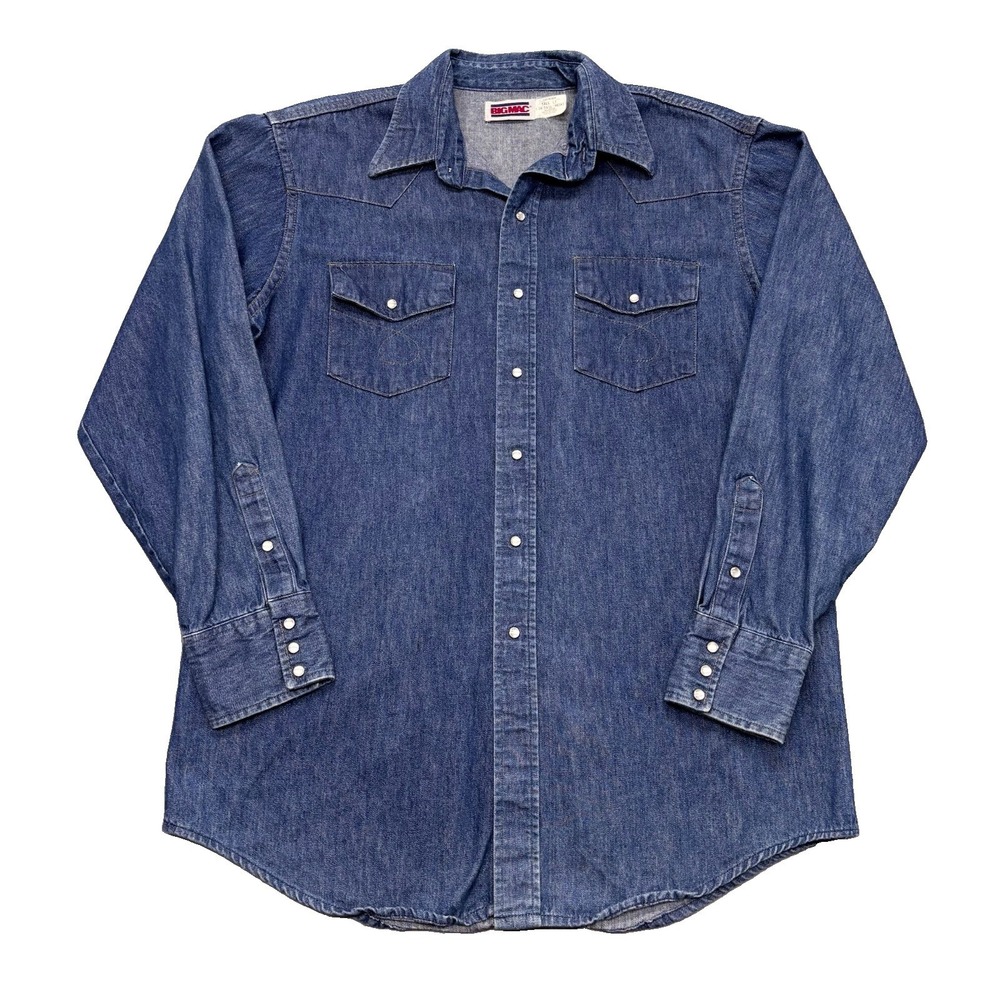 Vintage Big Mac Western Pearl Snap Shirt Mens L Tall Blue Denim Workwear USA